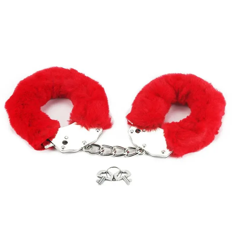 LOVETOY Furry Metal Handcuffs - rokudzelži, sarkani