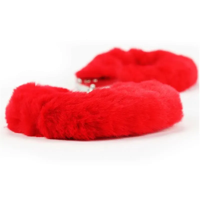 LOVETOY Furry Metal Handcuffs - rokudzelži, sarkani