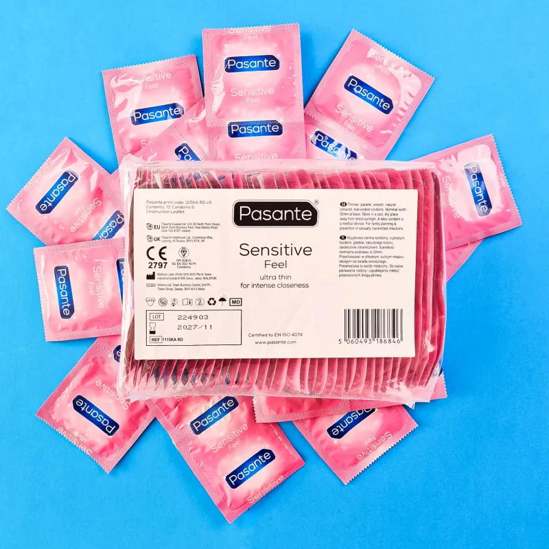Pasante Sensitive Feel 72 – liels prezervatīvu iepakojums